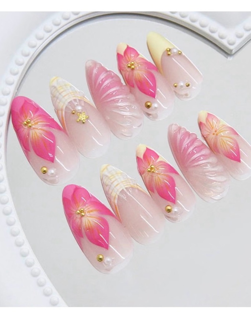 🪭Press-On Almond Nails Set with Pink Floral 3D Design -24 pcs NEW